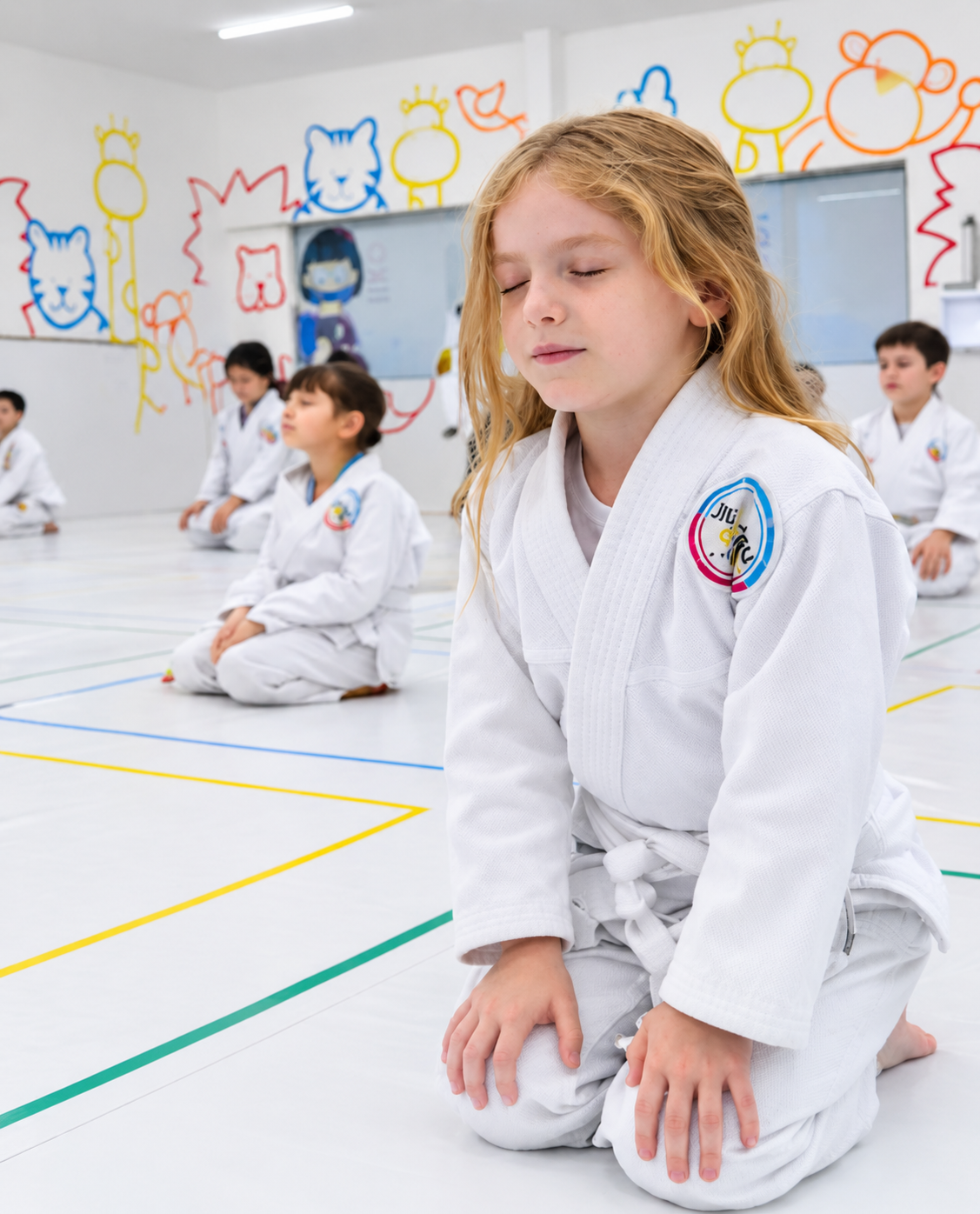 Aluna de kimono ajoelhada no tatame, olhos fechados, praticando foco e controle emocional