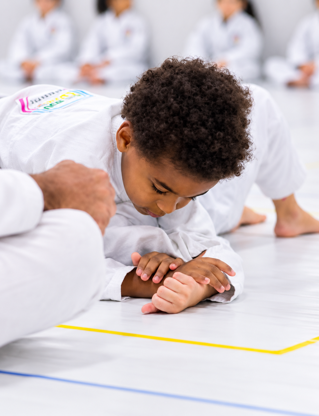 Aluno praticando técnica de solo no Jiu Jitsu, foco nas mãos e na execução