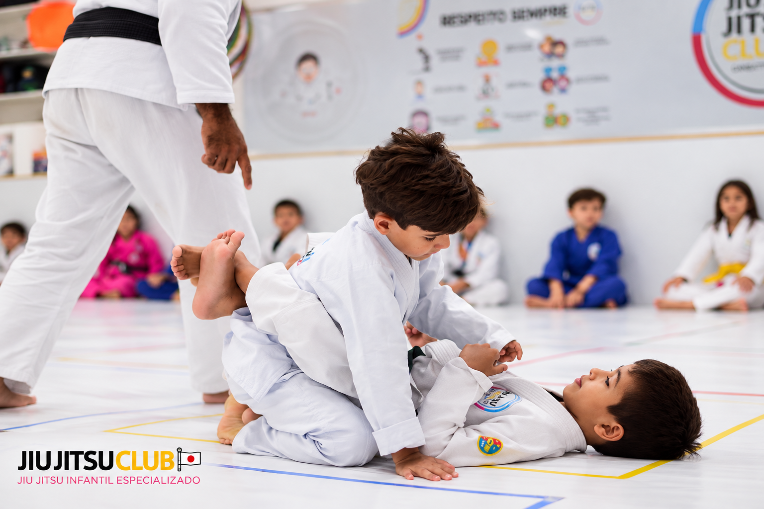Turma de crianças praticando Jiu Jitsu em grupo no tatame