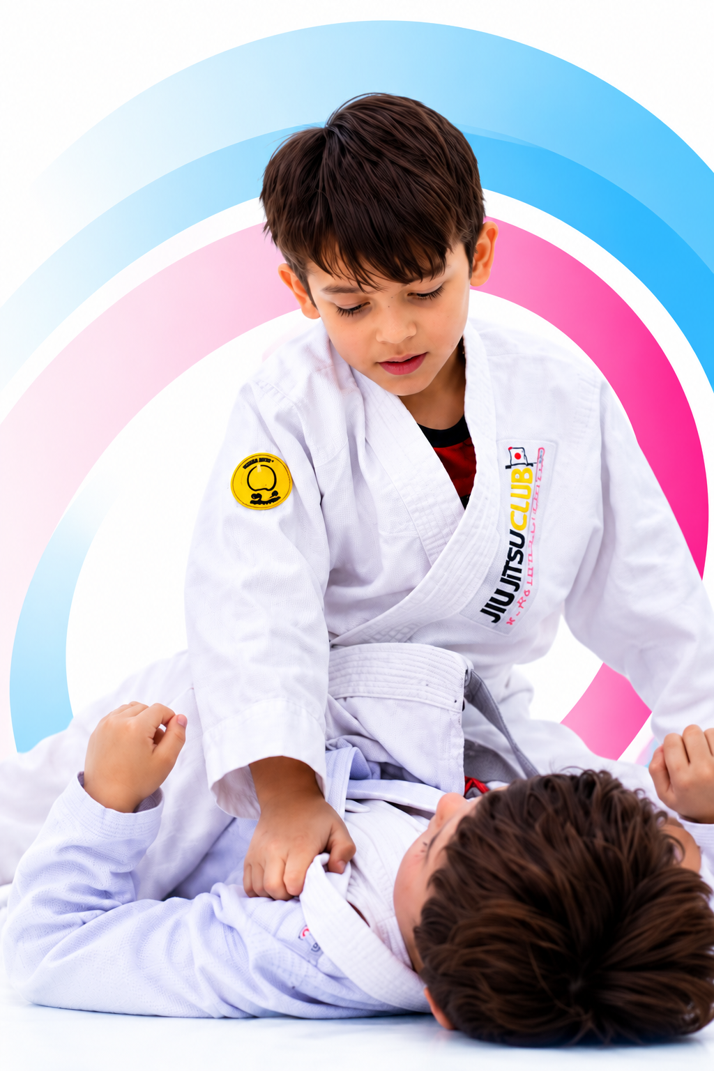 Menino de kimono branco durante treino de Jiu Jitsu, com espirais azul e rosa da identidade Jiu Jitsu Club ao fundo