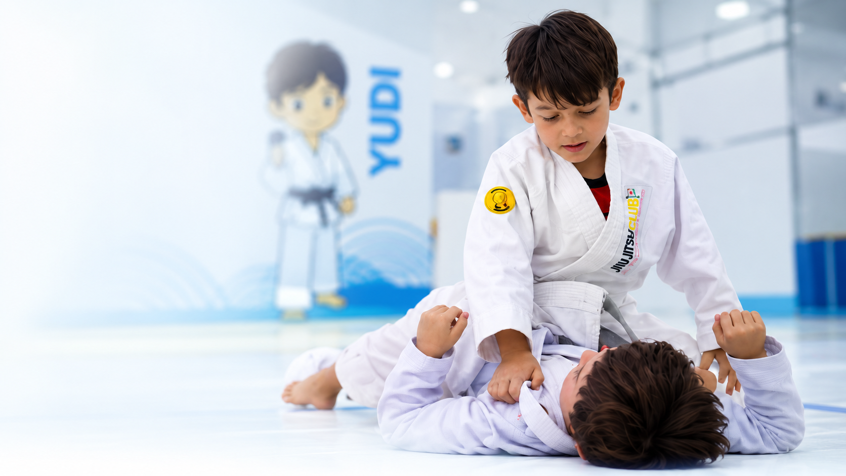 Duas crianças praticando Jiu Jitsu no tatame, treinando técnicas de solo com kimono branco