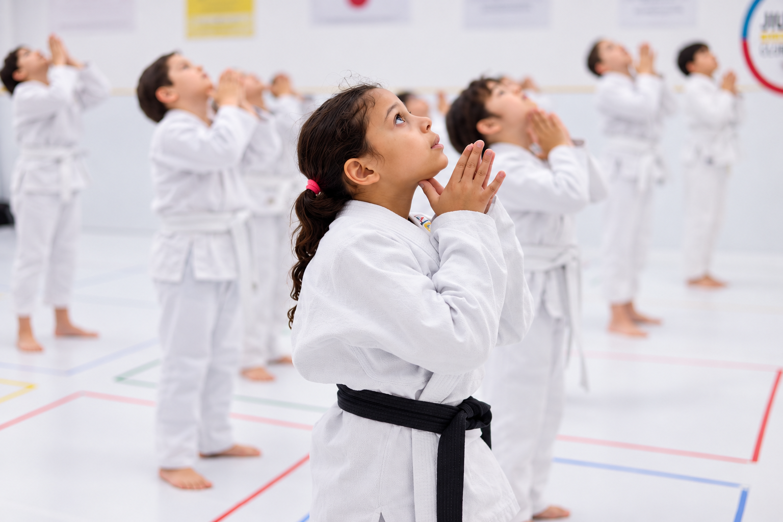 Aluna com faixa preta em posição de respeito (shizei), mãos juntas e olhar para cima, com colegas ao fundo durante a aula de Jiu Jitsu