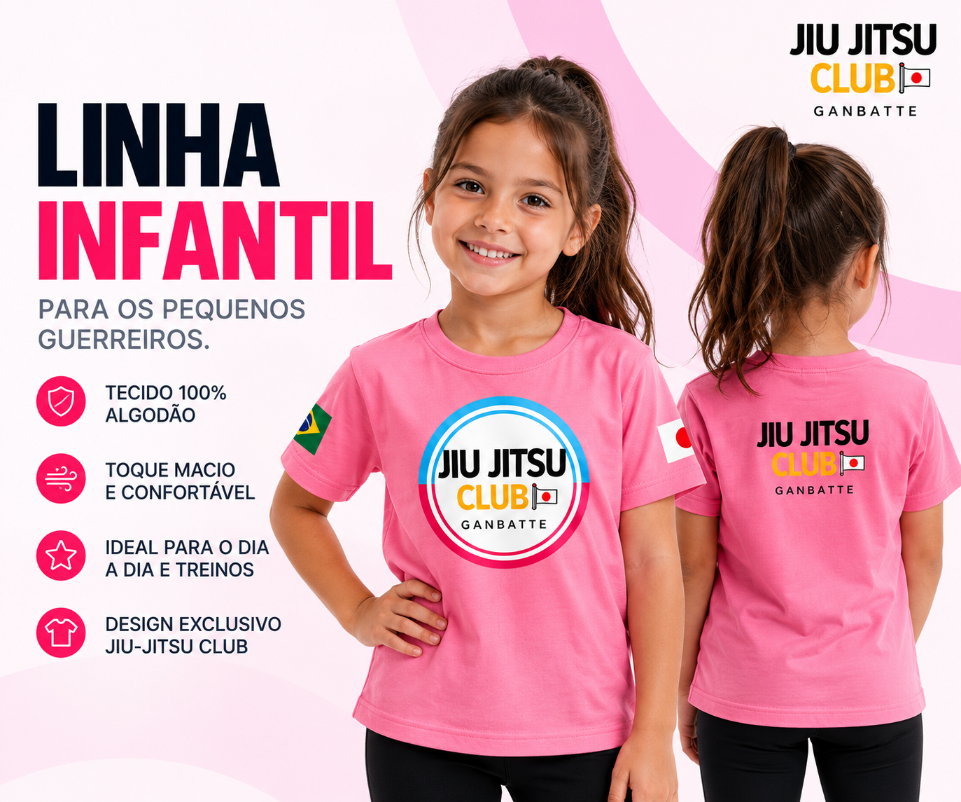 Camiseta infantil rosa da linha oficial Jiu Jitsu Club