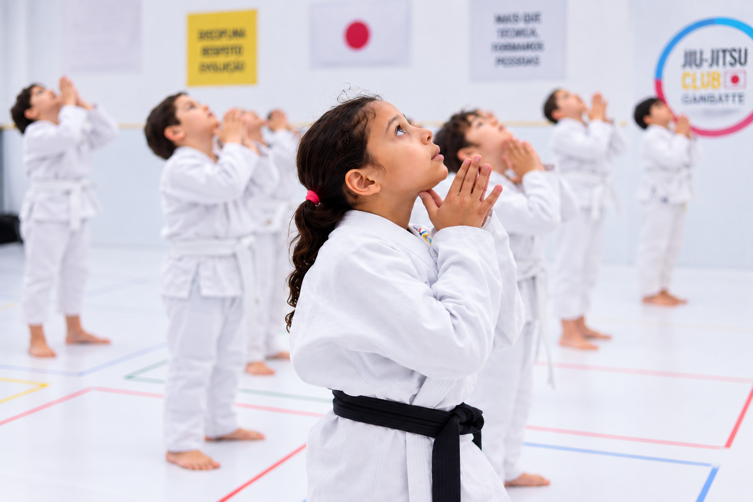 Menina de faixa preta concentrada durante uma aula da Jiu Jitsu Club, com outros alunos ao fundo