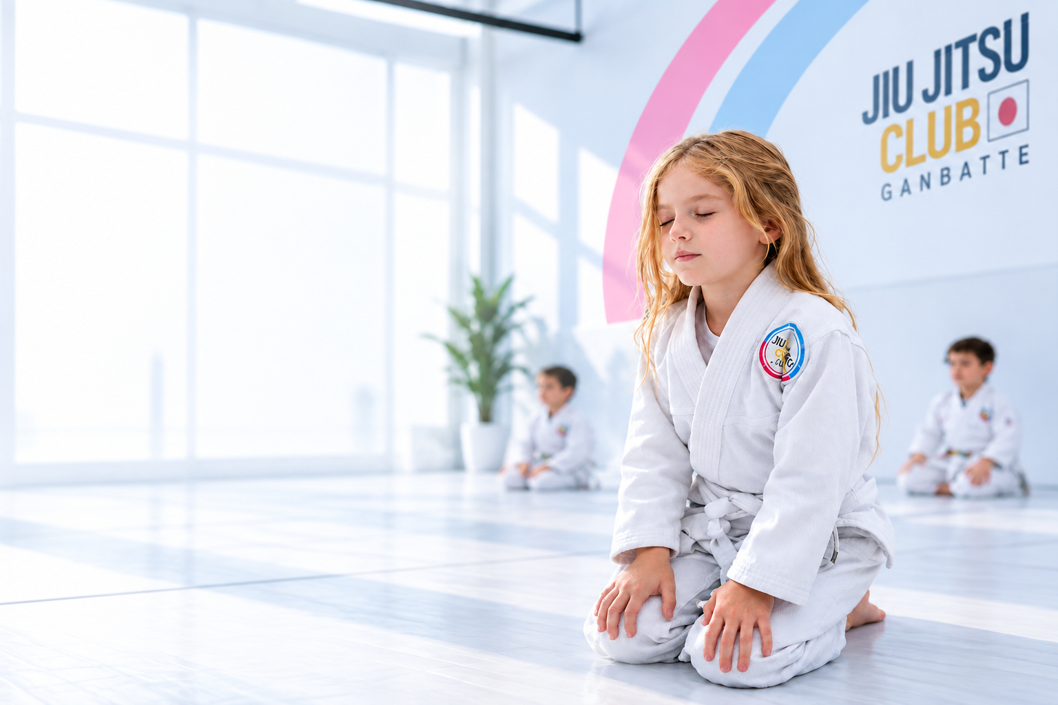 Aluna da Jiu Jitsu Club em momento de concentração no tatame, com colegas ao fundo