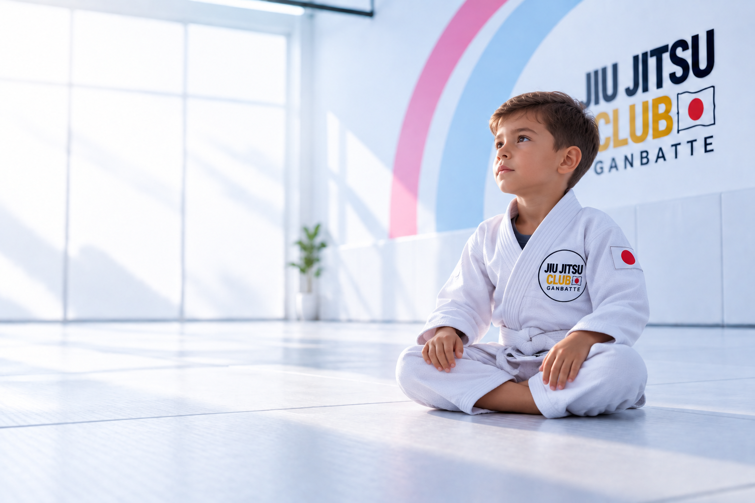 Criança sentada de kimono branco na Jiu Jitsu Club, olhando para frente, pronta para começar sua jornada