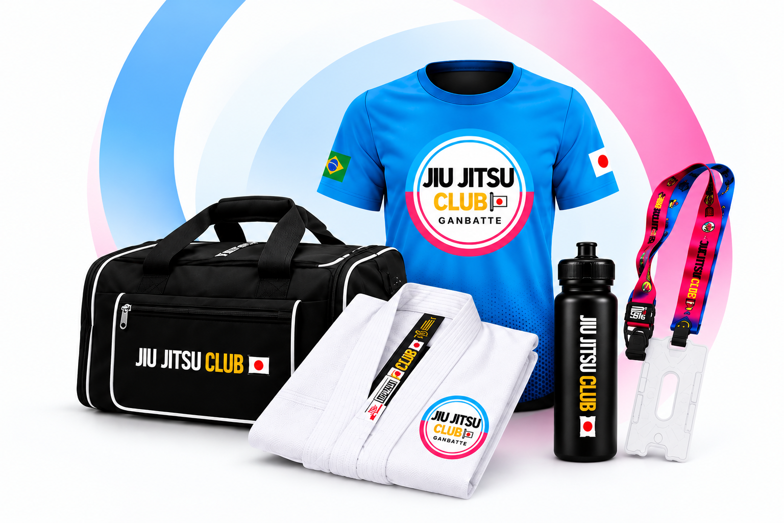 Composição dos produtos oficiais Jiu-Jitsu Club: bolsa, camiseta, kimono, garrafa e cordão porta-cartão